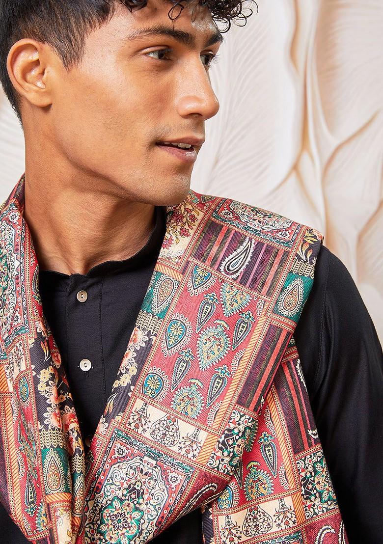 Black Solid Poly Blend Kurta Set For Men