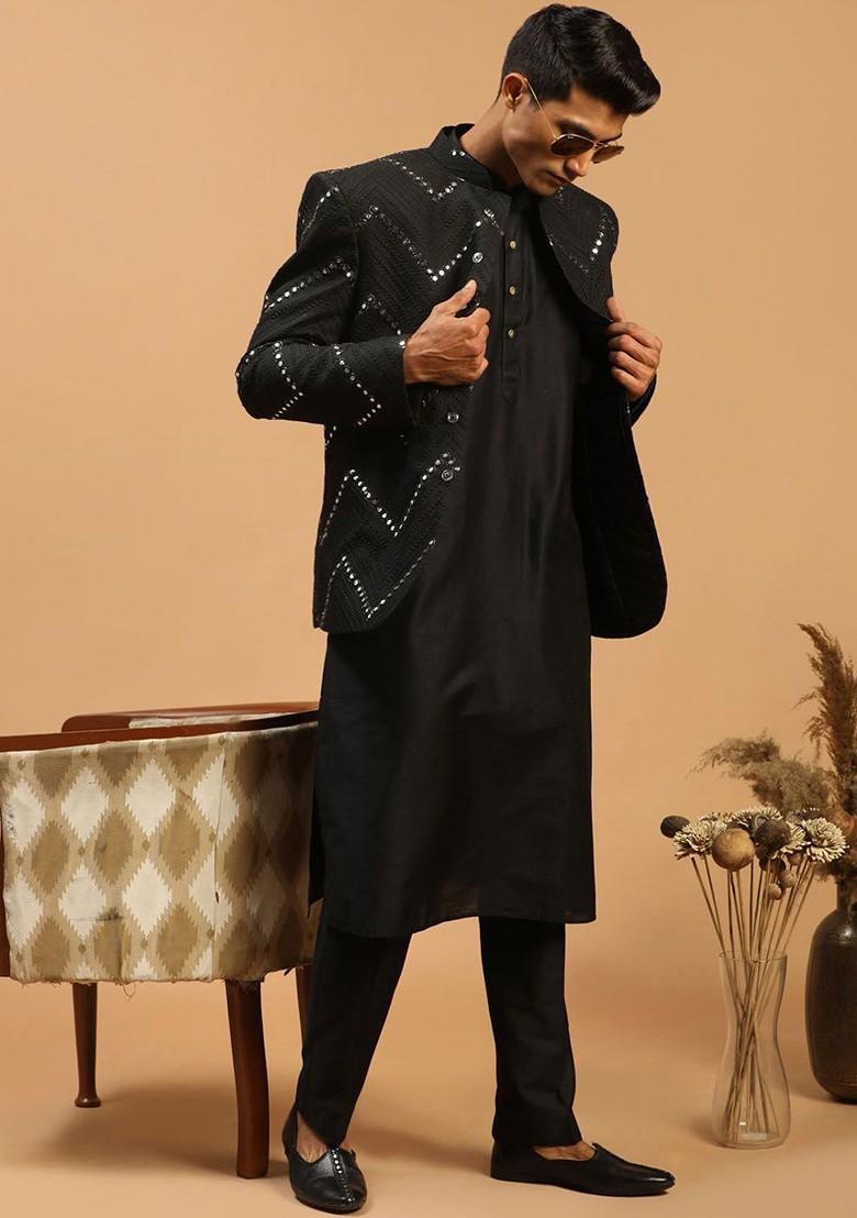 Black Mirror Work Poly Blend Kurta Set For Men