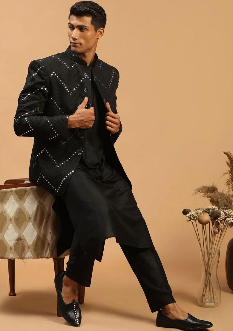 Black Mirror Work Poly Blend Kurta Set For Men