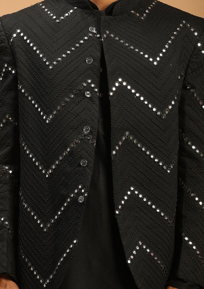Black Mirror Work Poly Blend Kurta Set For Men