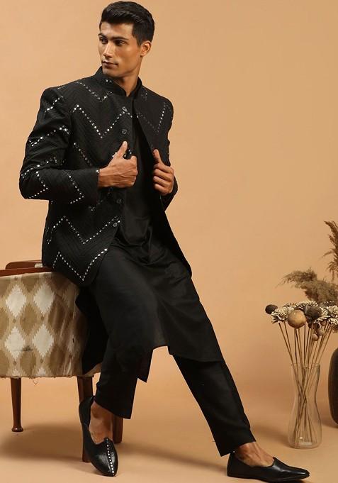 Black Mirror Work Poly Blend Kurta Set For Men