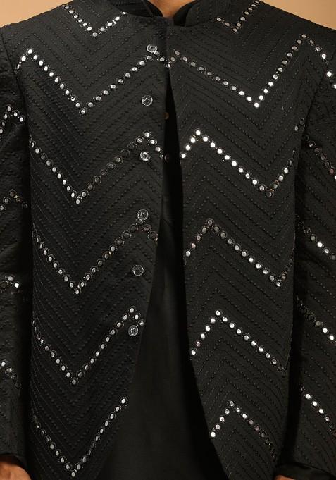 Black Mirror Work Poly Blend Kurta Set For Men
