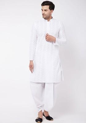 White Ethnic Motifs Cotton Kurta Set For Men