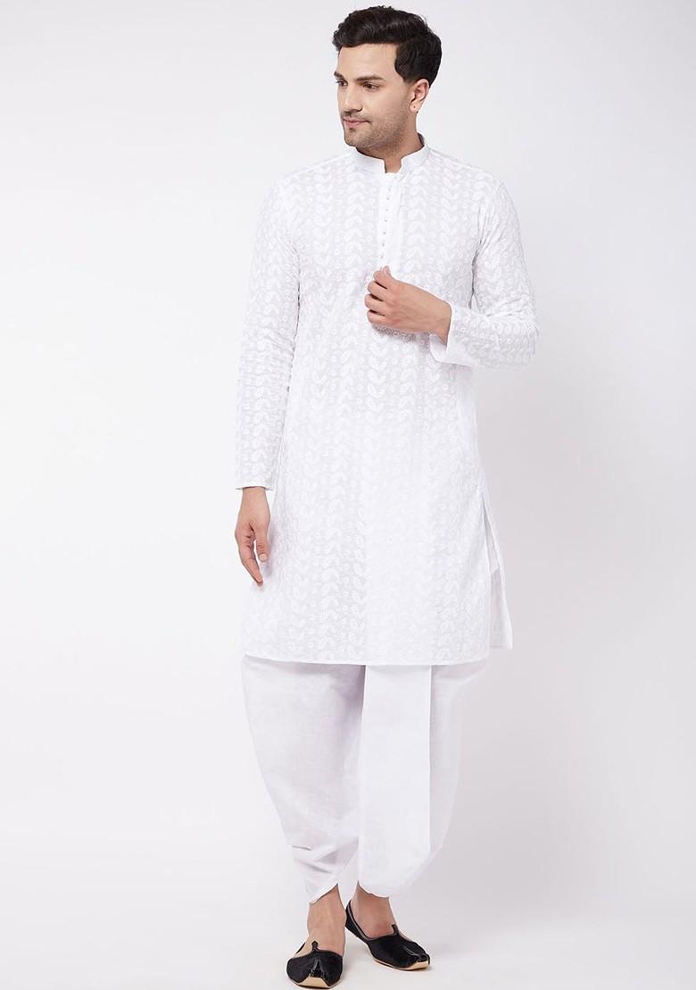White Ethnic Motifs Cotton Kurta Set For Men