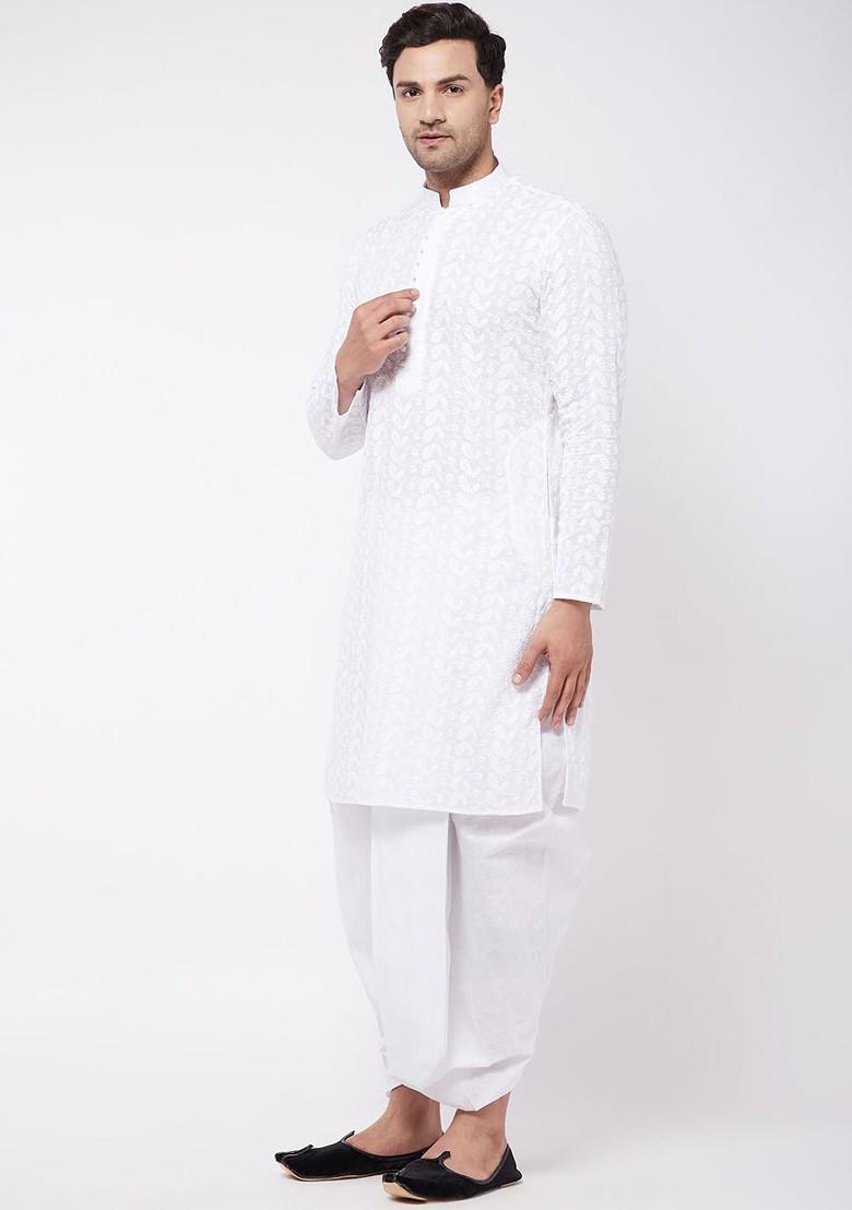 White Ethnic Motifs Cotton Kurta Set For Men