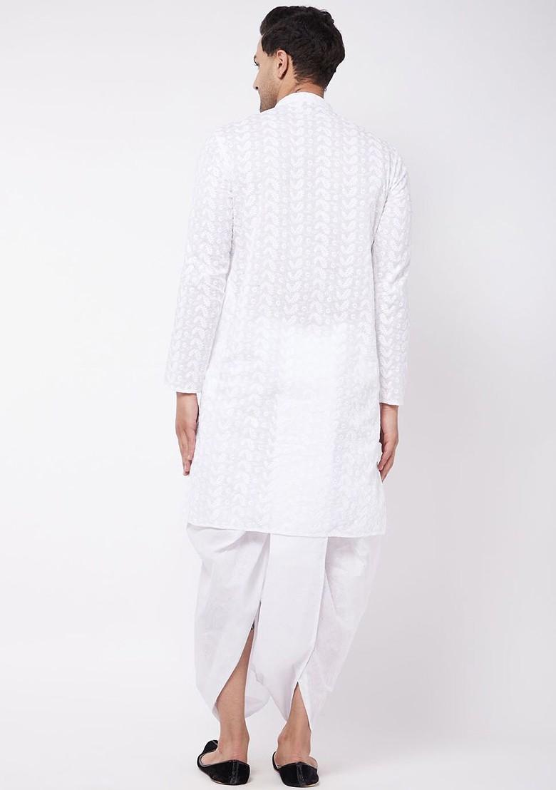 White Ethnic Motifs Cotton Kurta Set For Men