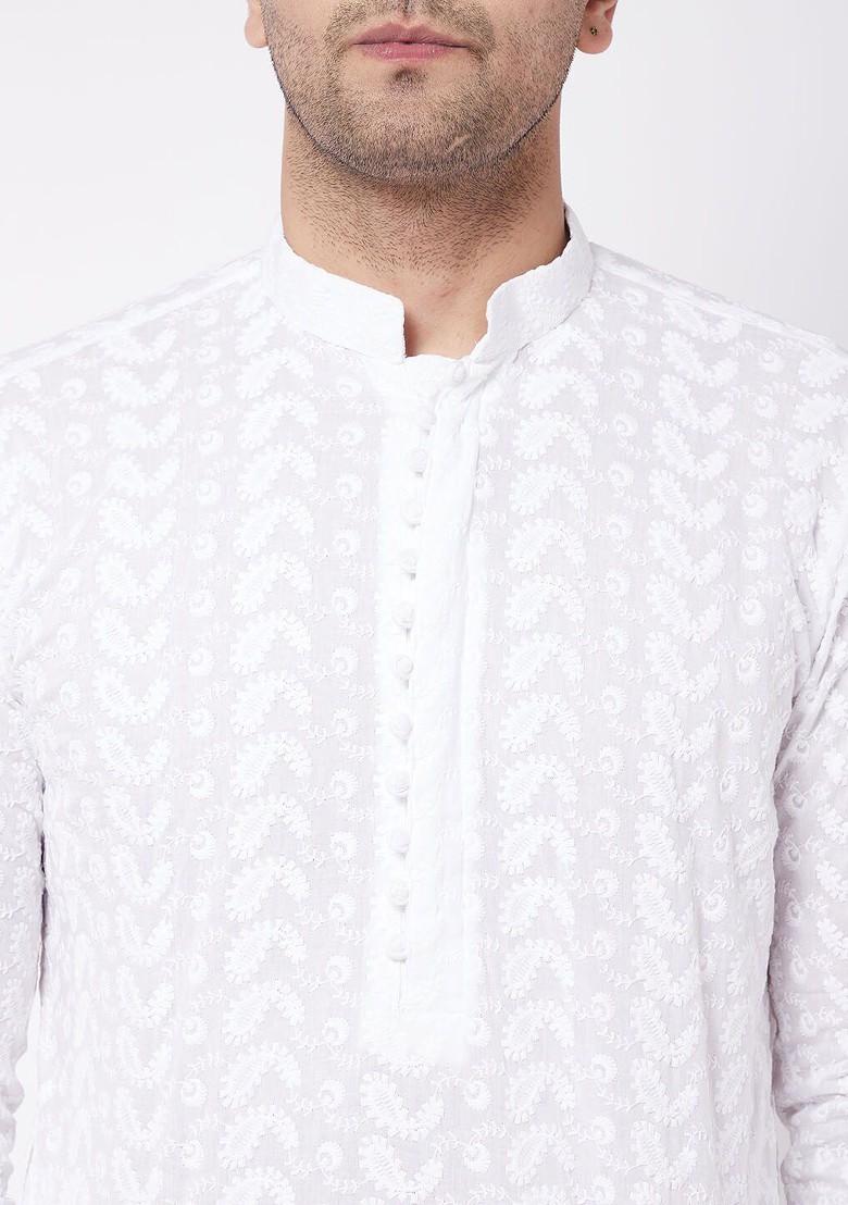 White Ethnic Motifs Cotton Kurta Set For Men