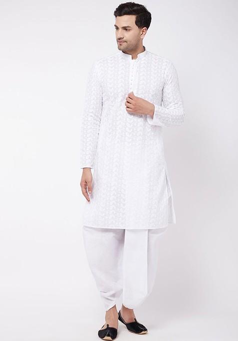 White Ethnic Motifs Cotton Kurta Set For Men