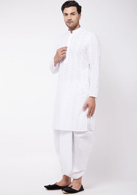 White Ethnic Motifs Cotton Kurta Set For Men