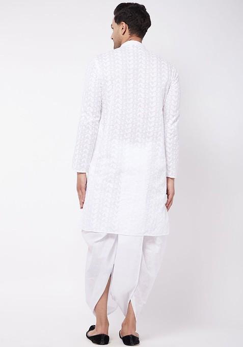 White Ethnic Motifs Cotton Kurta Set For Men