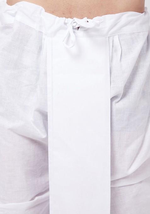 White Ethnic Motifs Cotton Kurta Set For Men