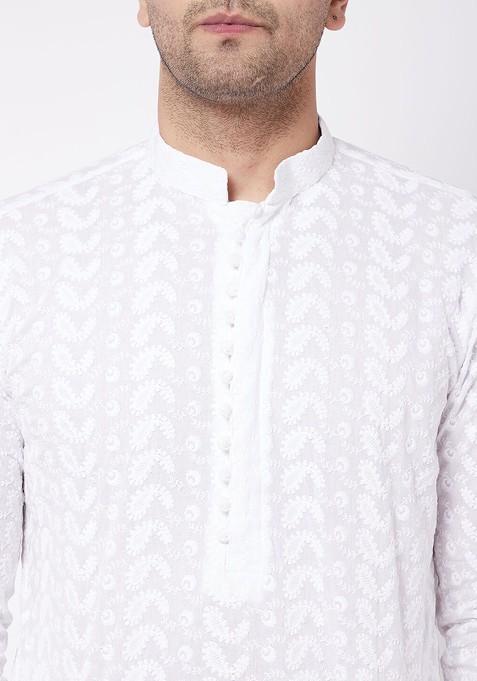 White Ethnic Motifs Cotton Kurta Set For Men