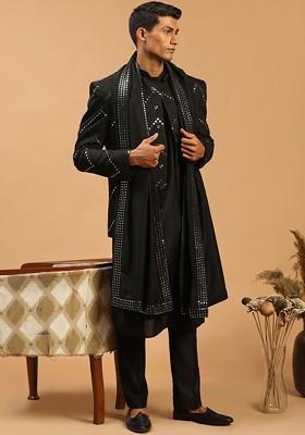 Black Mirror Work Poly Blend Kurta Set For Men