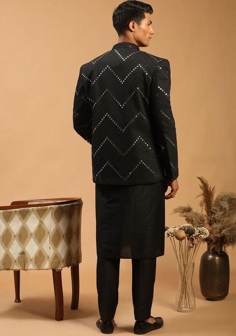 Black Mirror Work Poly Blend Kurta Set For Men