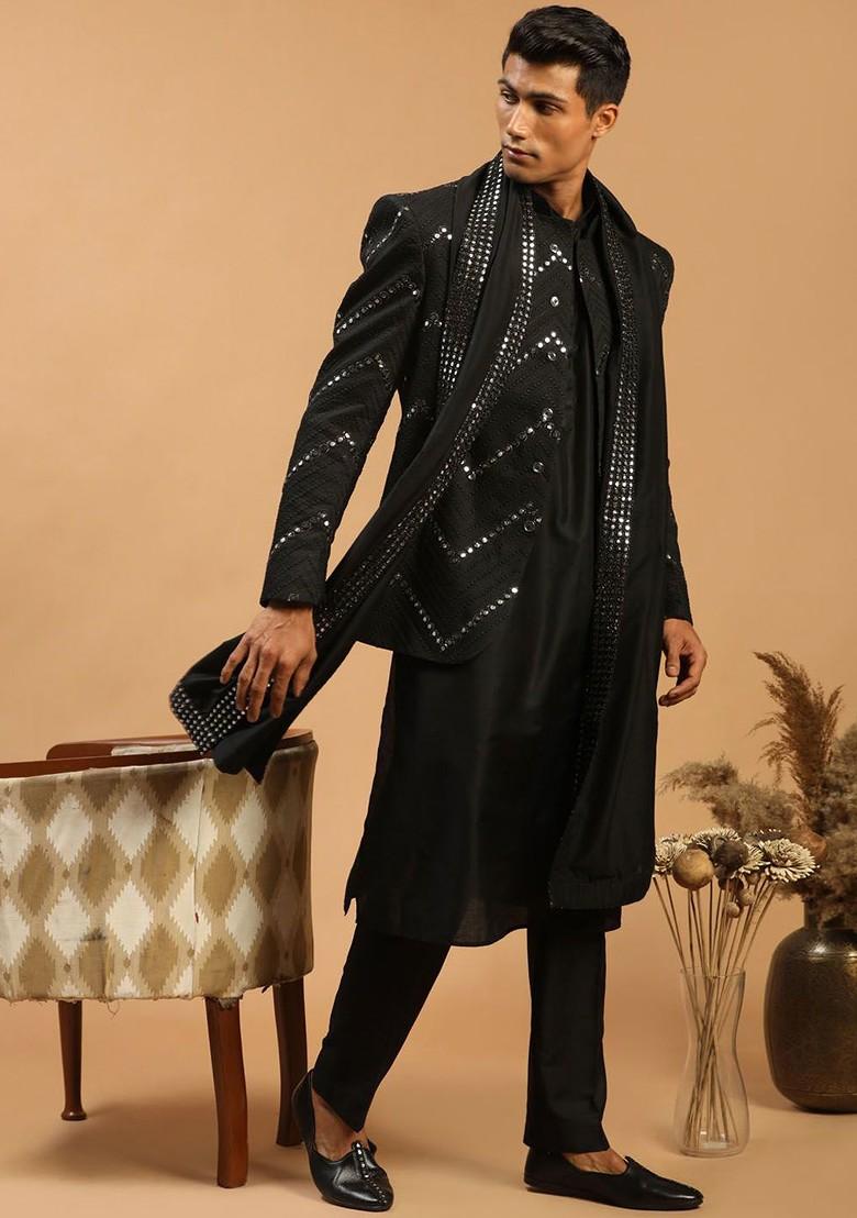 Black Mirror Work Poly Blend Kurta Set For Men