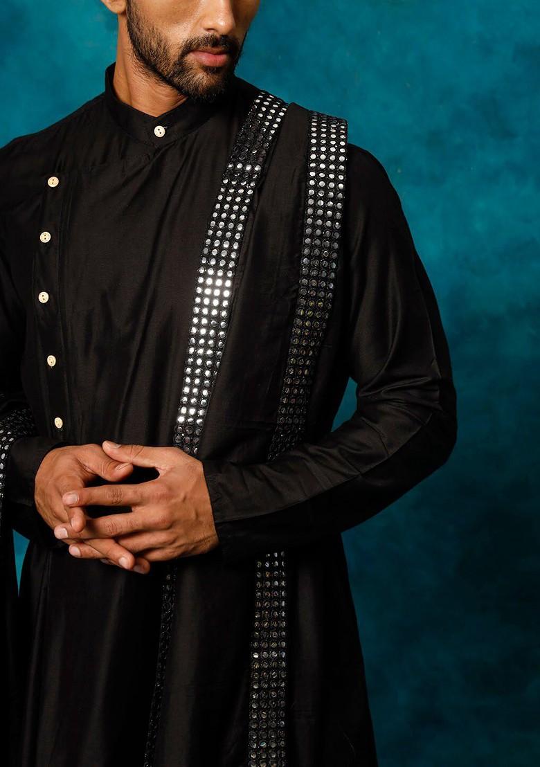 Black Mirror Work Poly Blend Kurta Set For Men