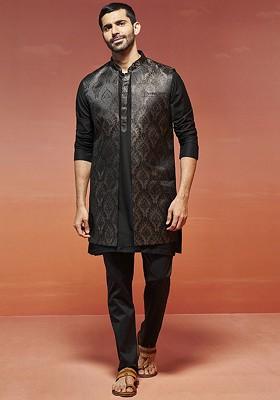 Black Floral Print Jacquard Kurta Set For Men