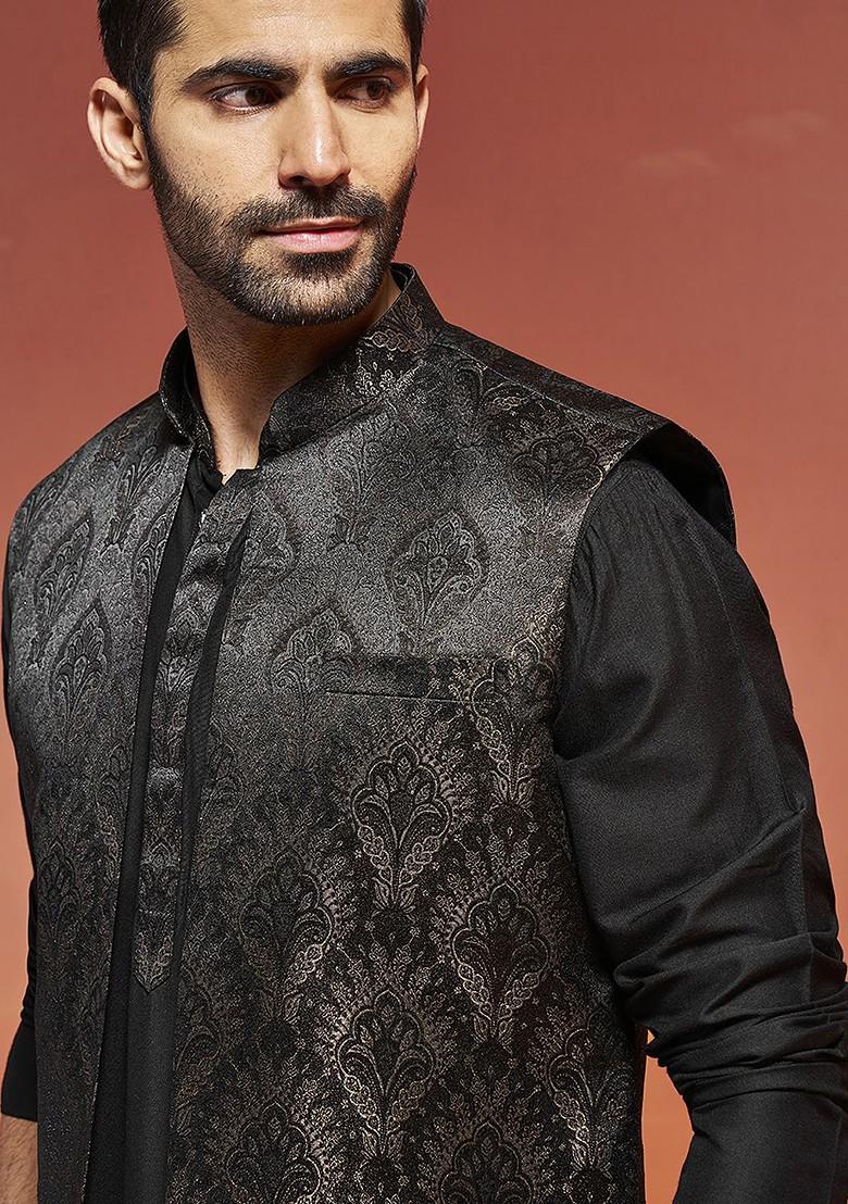 Black Floral Print Jacquard Kurta Set For Men