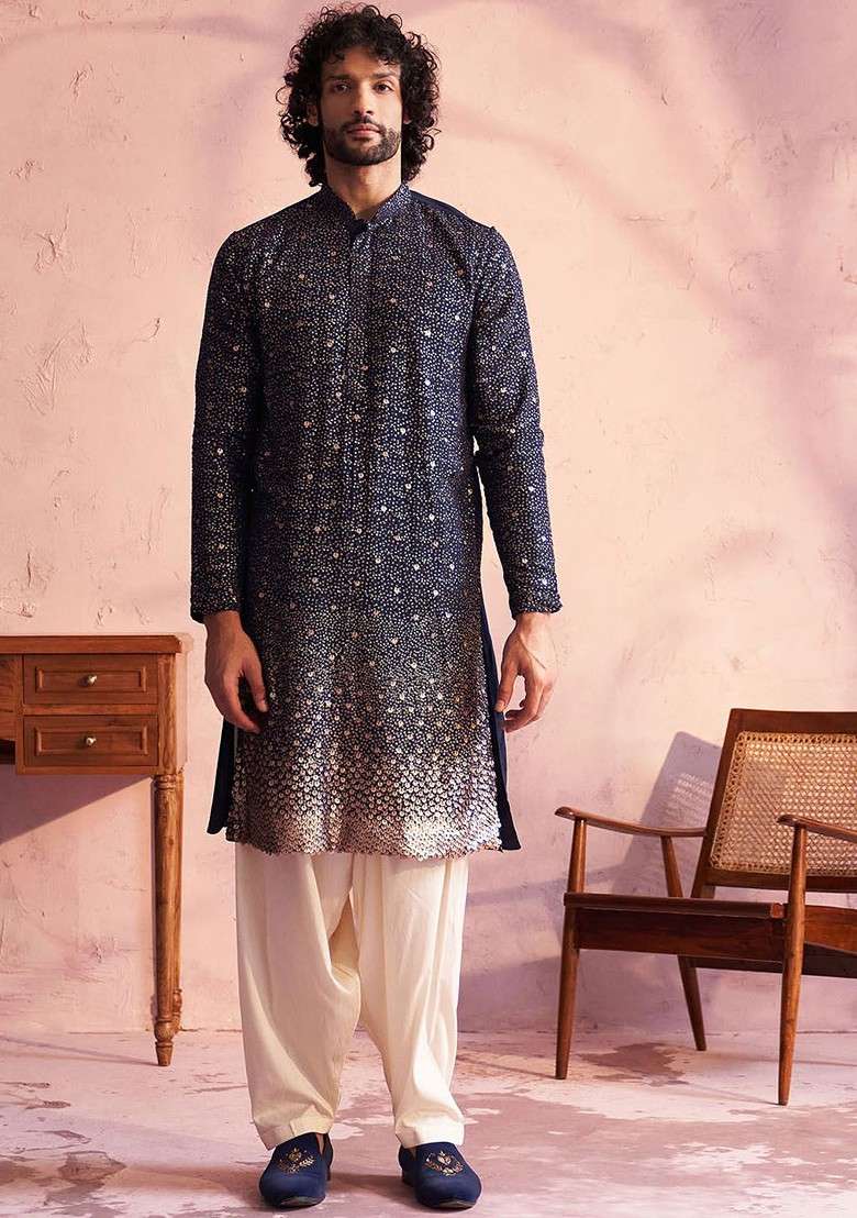 Navy Blue Ethnic Motifs Georgette Kurta Set For Men - Indya