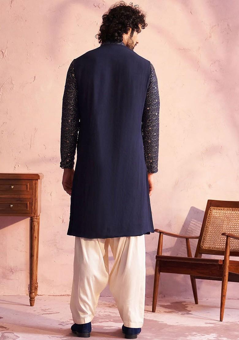 Navy Blue Ethnic Motifs Georgette Kurta Set For Men