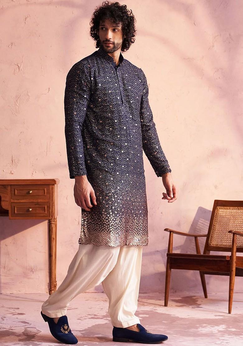 Navy Blue Ethnic Motifs Georgette Kurta Set For Men