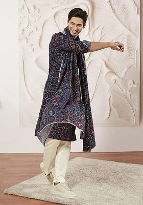 Blue Printed Poly Blend Kurta Set For Men