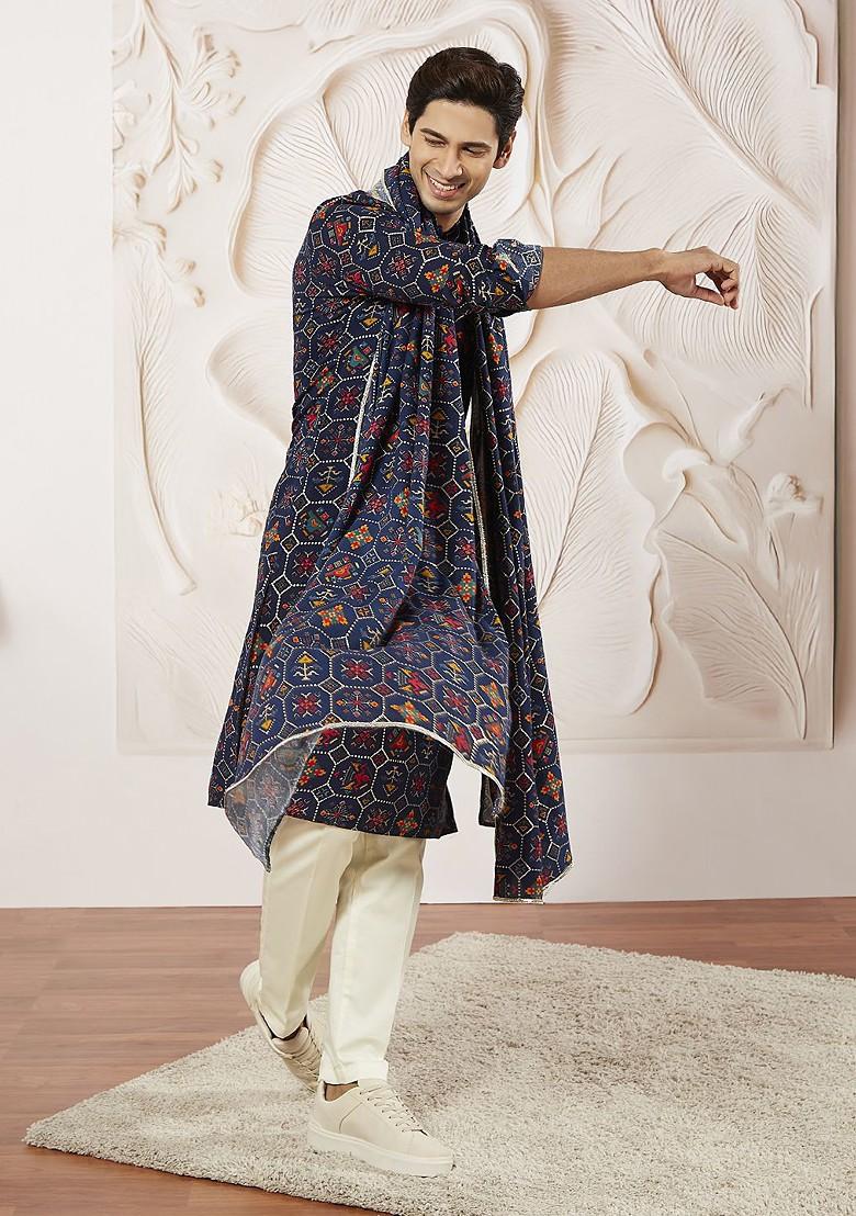 Blue Printed Poly Blend Kurta Set For Men