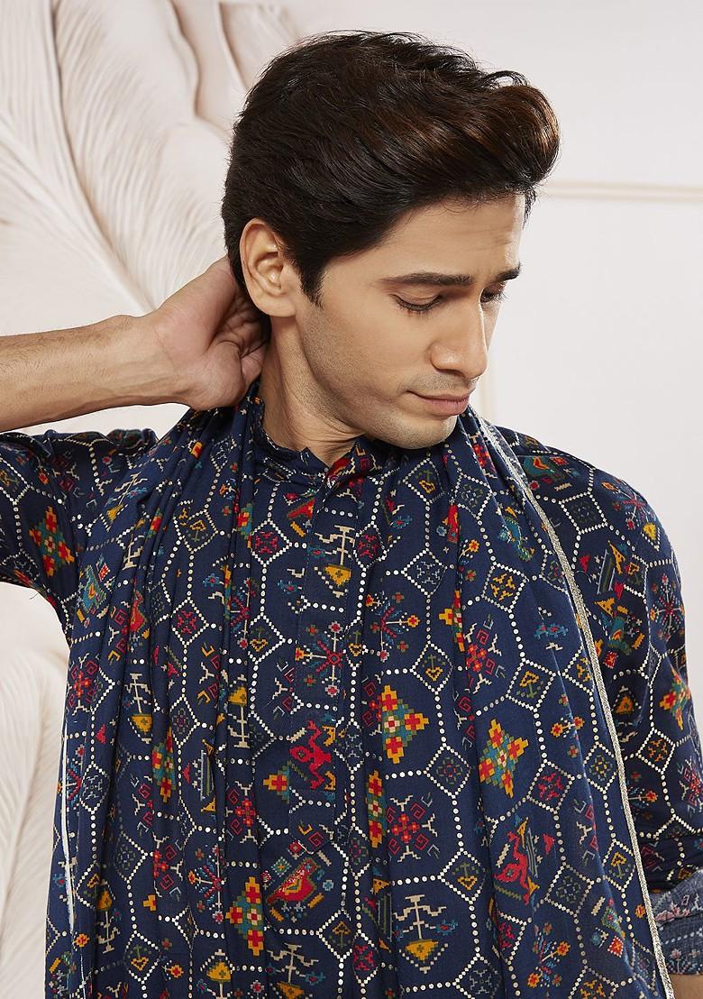Blue Printed Poly Blend Kurta Set For Men