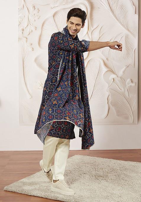 Blue Printed Poly Blend Kurta Set For Men — view on Indya