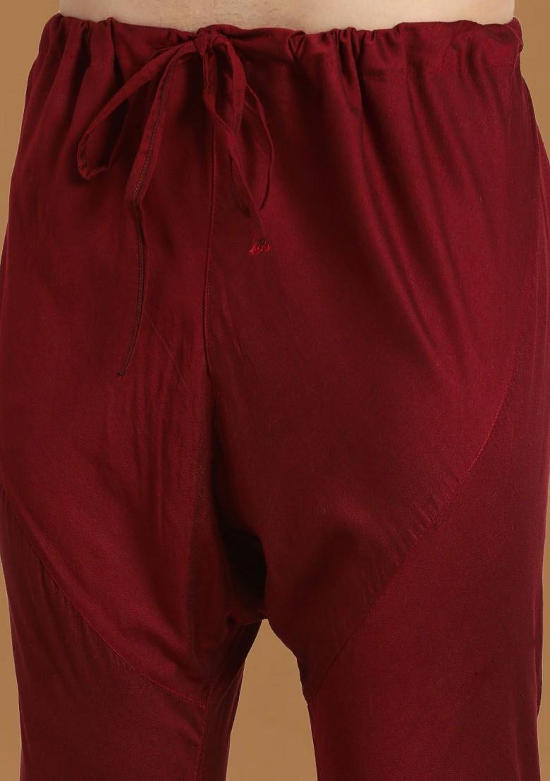 Maroon Embroidered Poly Blend Kurta Set For Men