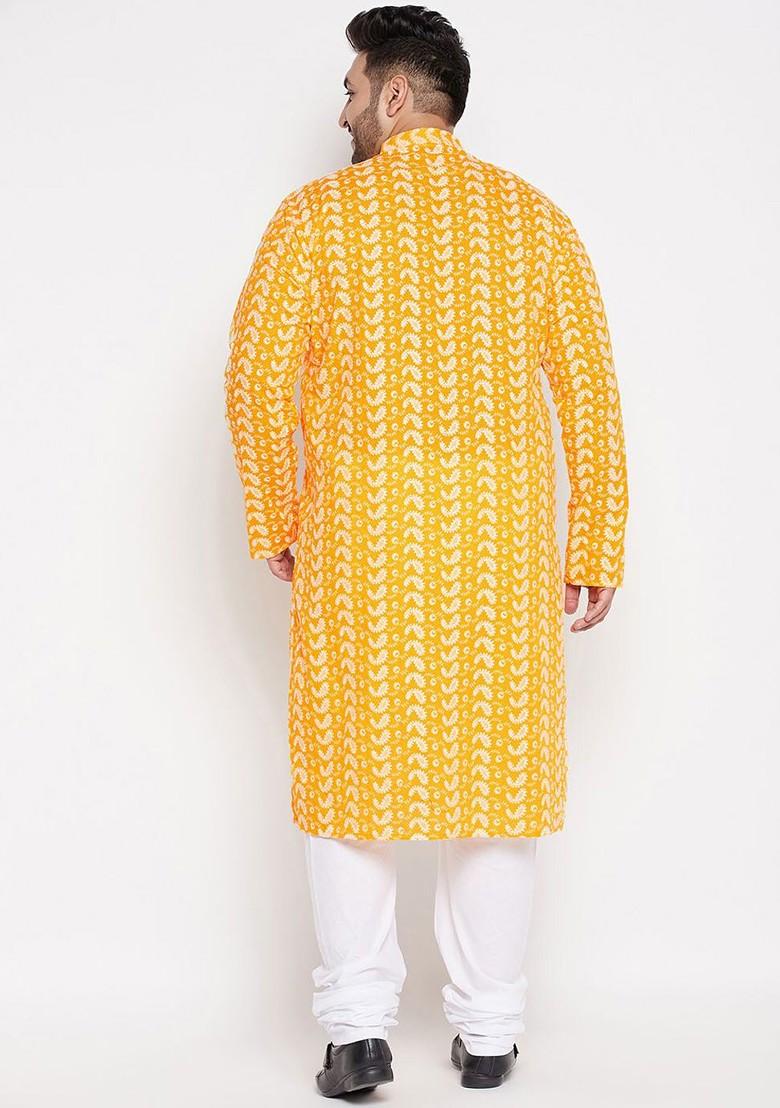 Orange Printed Cotton Kurta Set For Men