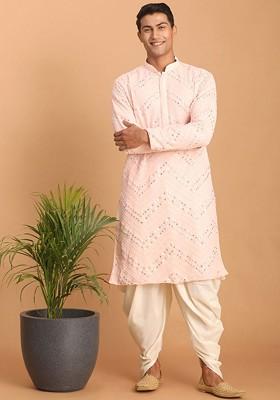 Peach Embroidered Poly Blend Kurta Set For Men