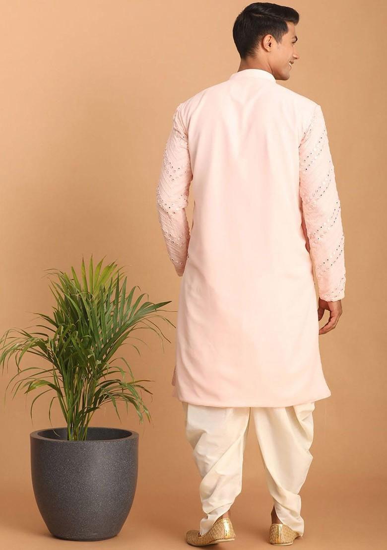Peach Embroidered Poly Blend Kurta Set For Men