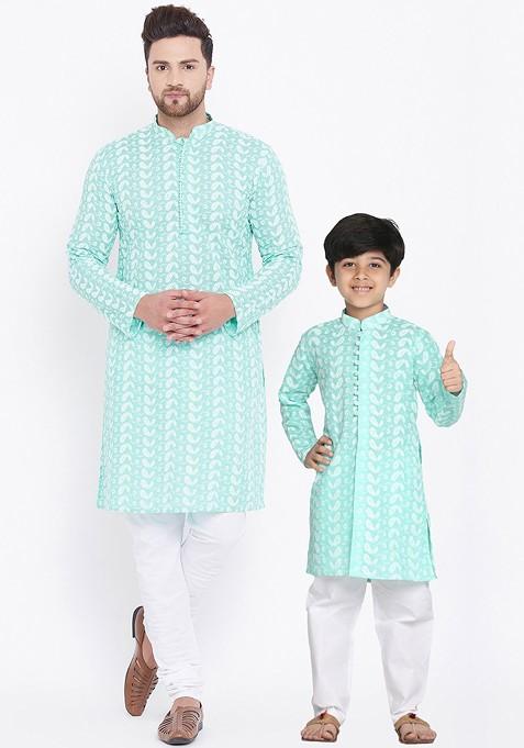 Sea Green Embroidered Poly Blend Kurta Set For Men — view on Indya