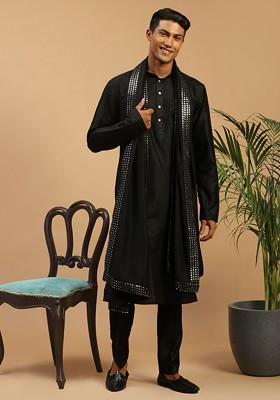 Black Mirror Work Poly Blend Kurta Set For Men