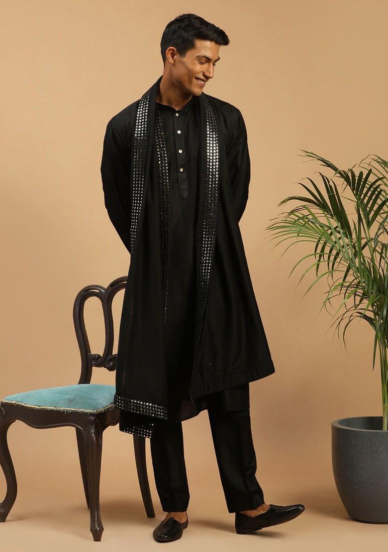 Black Mirror Work Poly Blend Kurta Set For Men