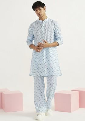 Blue Floral Print Poly Blend Kurta Set For Men