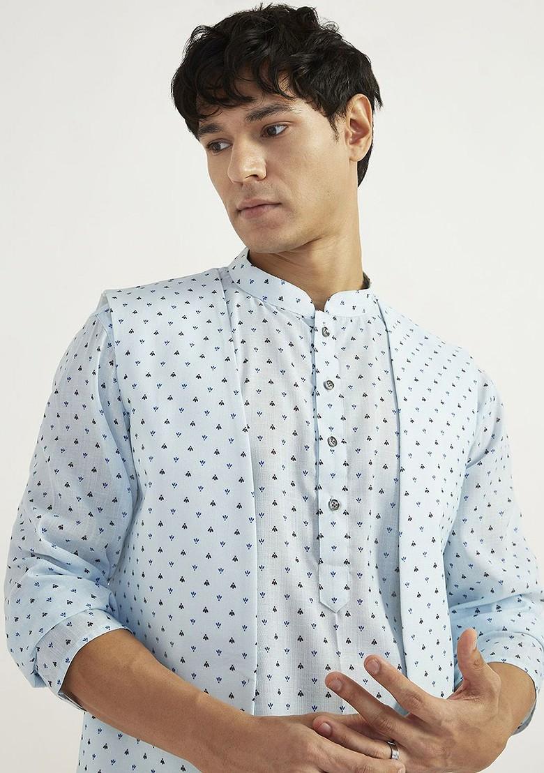 Blue Floral Print Poly Blend Kurta Set For Men