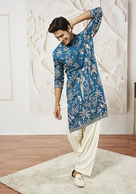 Turquoise Blue Embroidered Poly Blend Kurta Set For Men