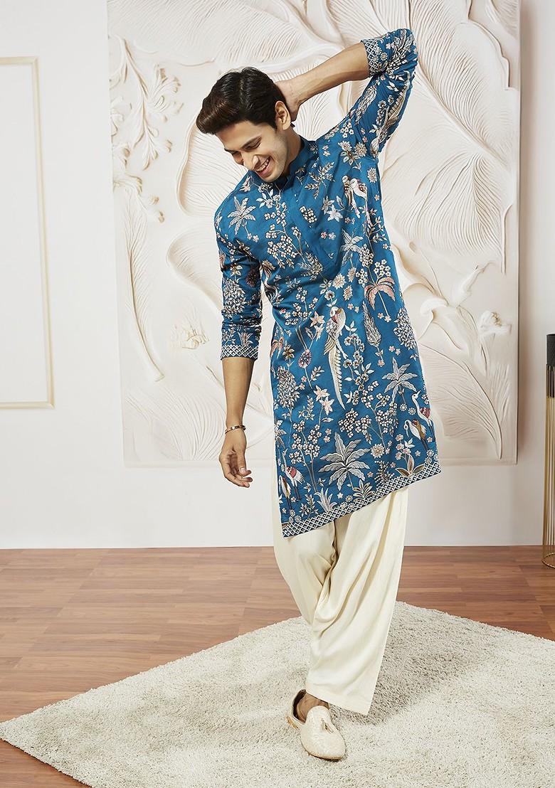 Turquoise Blue Embroidered Poly Blend Kurta Set For Men
