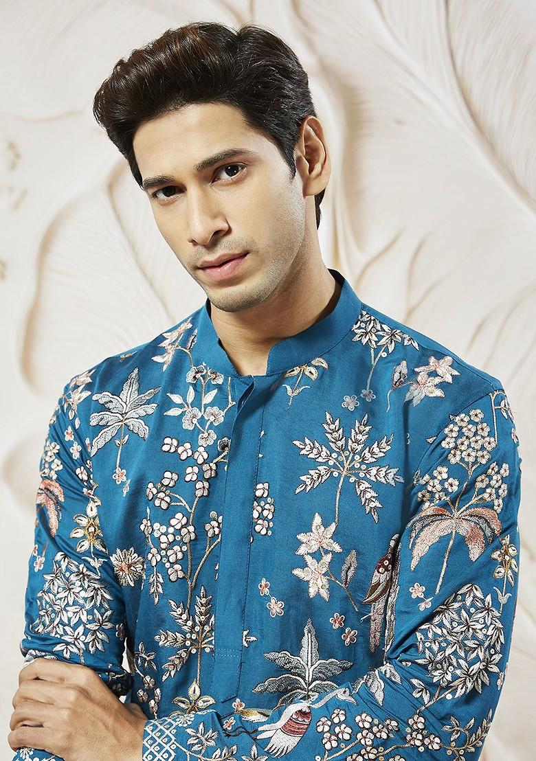 Turquoise Blue Embroidered Poly Blend Kurta Set For Men
