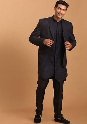 Navy Blue Embroidered Poly Blend Kurta Set For Men