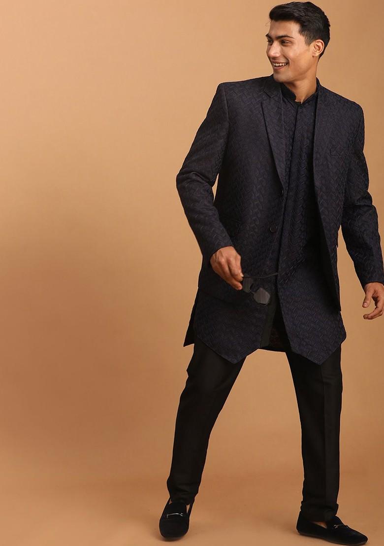 Navy Blue Embroidered Poly Blend Kurta Set For Men