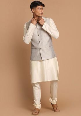 Grey Solid Poly Blend Kurta Set For Men