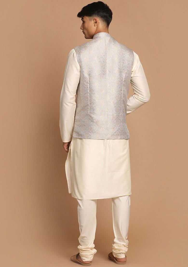 Grey Solid Poly Blend Kurta Set For Men