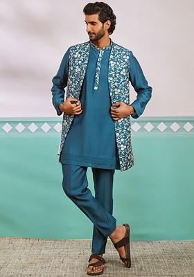 Turquoise Blue Embroidered Poly Blend Kurta Set For Men