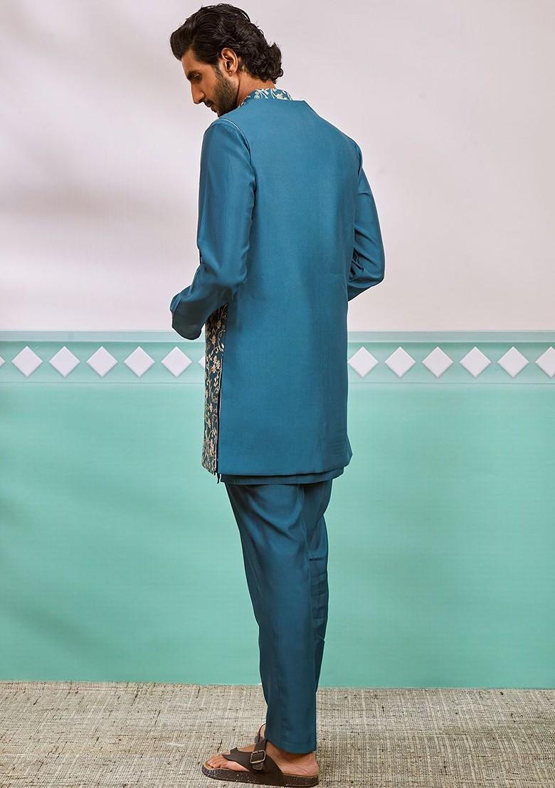 Turquoise Blue Embroidered Poly Blend Kurta Set For Men