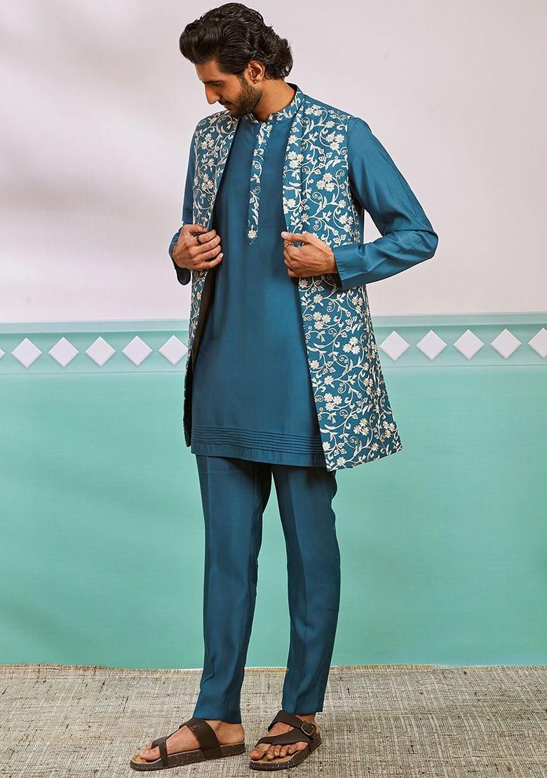 Turquoise Blue Embroidered Poly Blend Kurta Set For Men