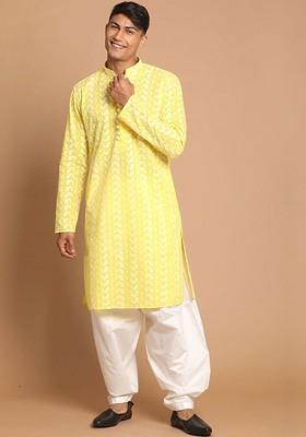Yellow Ethnic Motifs Cotton Kurta Set For Men