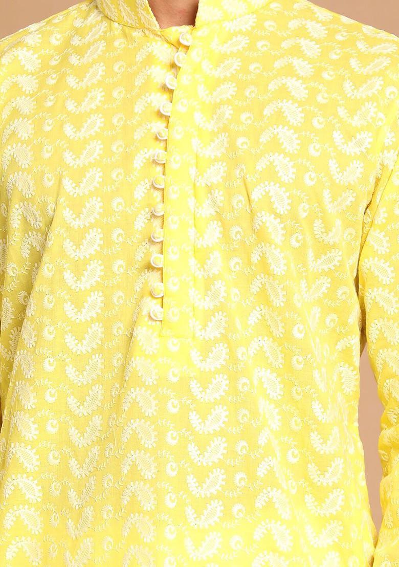 Yellow Ethnic Motifs Cotton Kurta Set For Men